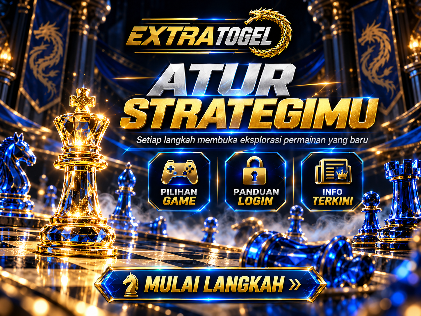 Banner EXTRATOGEL menampilkan papan catur obsidian dengan bidak kristal biru dan raja emas